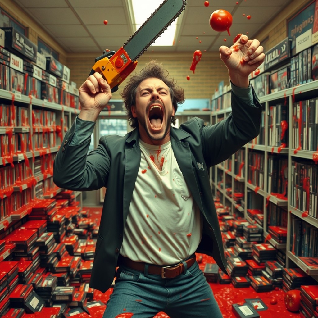 A wild man shouting while holding a chainsaw in the air, set against the backdrop of a vintage video rental store filled with VHS tapes scattered on the floor