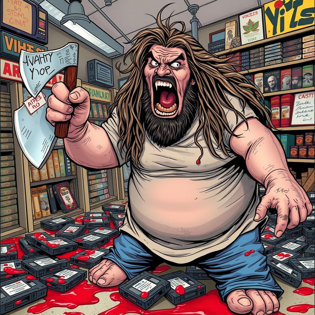 A crazy person with long hair, heavyset, shouting while holding an axe