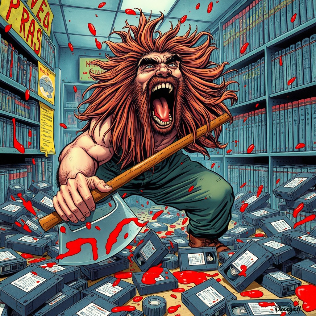 A wild, long-haired heavyset man screaming with an axe, surrounded by a chaotic scene of a video rental store