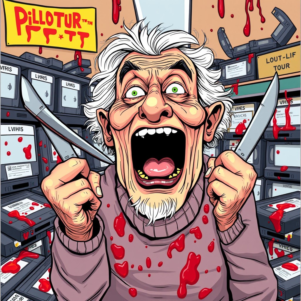 An eccentric old grandmother shouting, with knives piercing her fingers in an exaggerated comic style