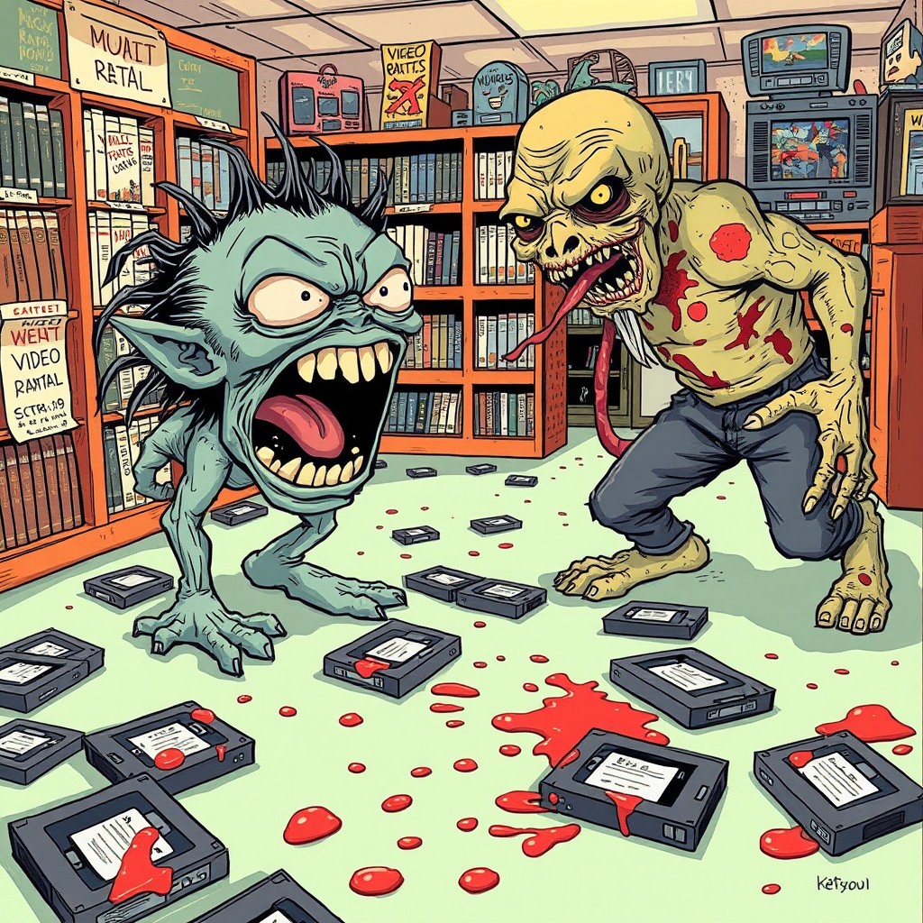 A mutant character screaming loudly, alongside a zombie spitting saliva, set against the backdrop of a video rental store
