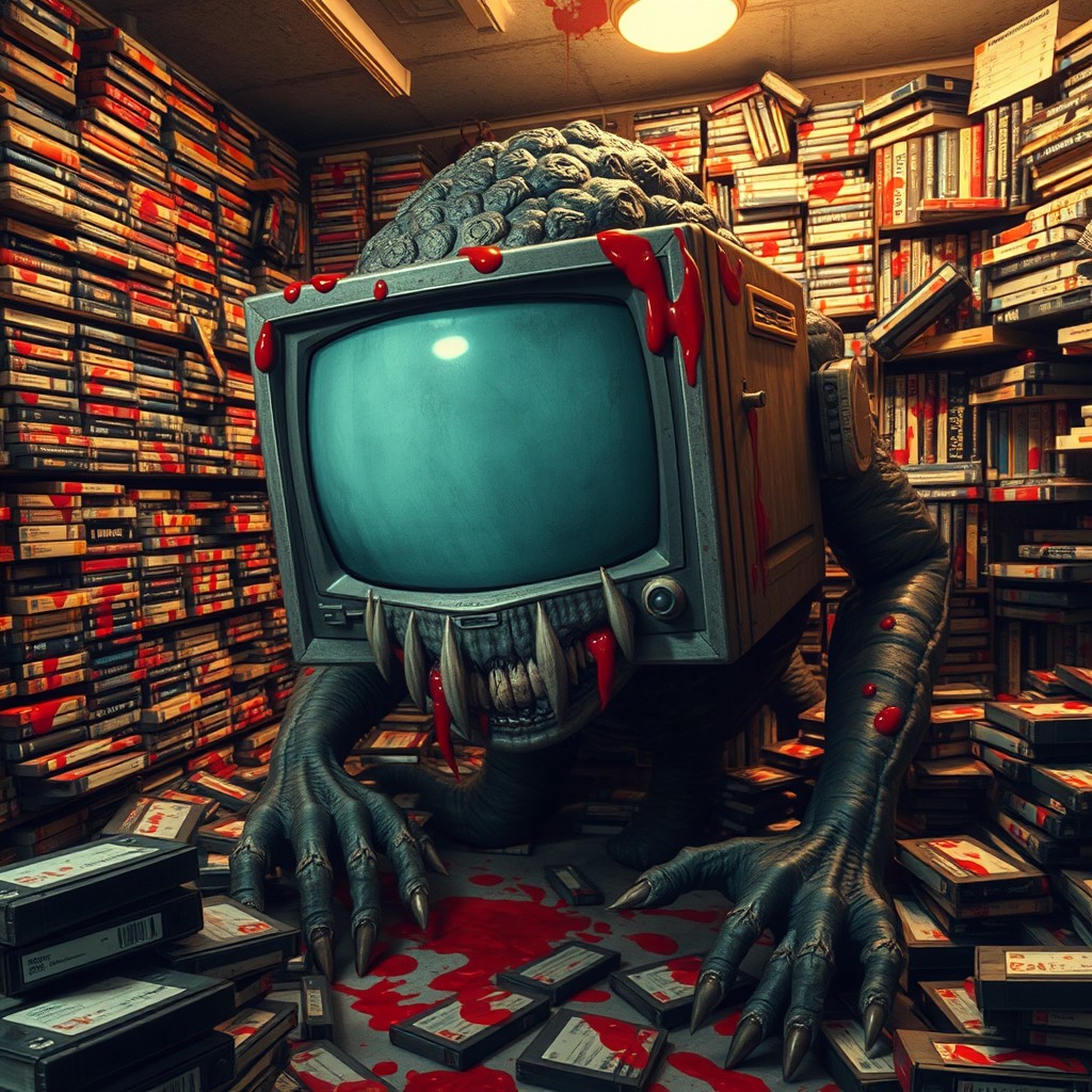 A monstrous creature with an old television set for a face, featuring numerous sharp teeth