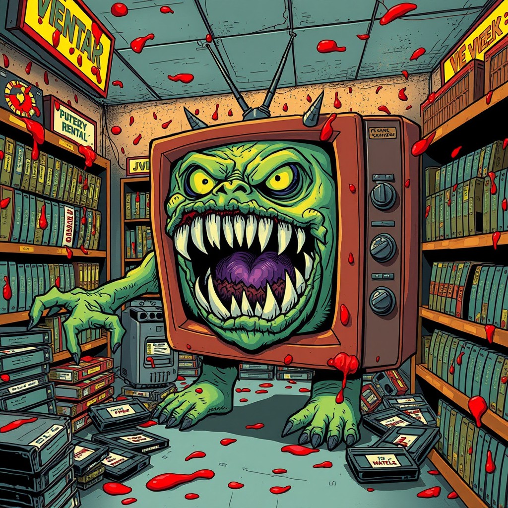 A monster with an old-fashioned television for a face, featuring many sharp teeth, set inside a video rental store