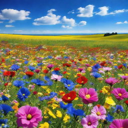 A natural landscape filled with a variety of vibrant, blooming flowers covering the entire field under a bright blue sky.