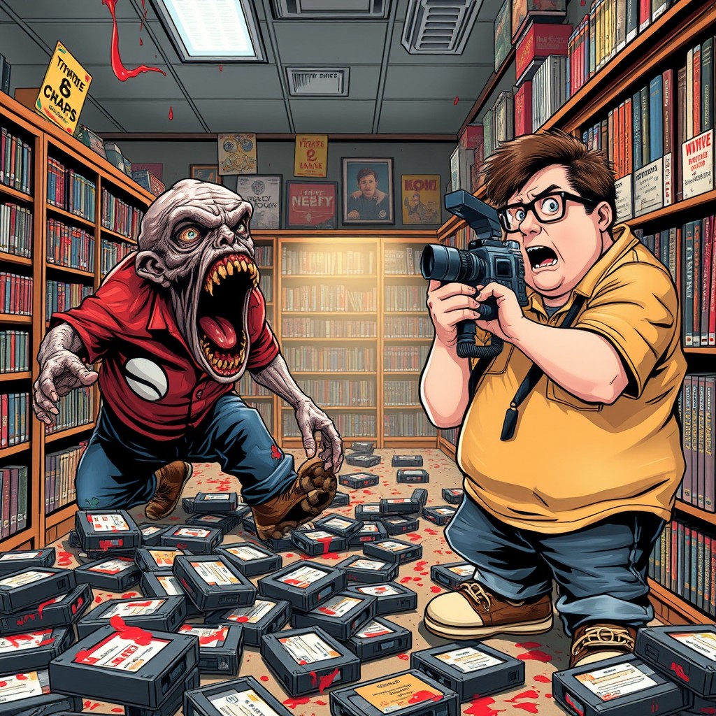 In a chaotic video rental store, VHS tapes scattered across the floor, splattered with tomato sauce
