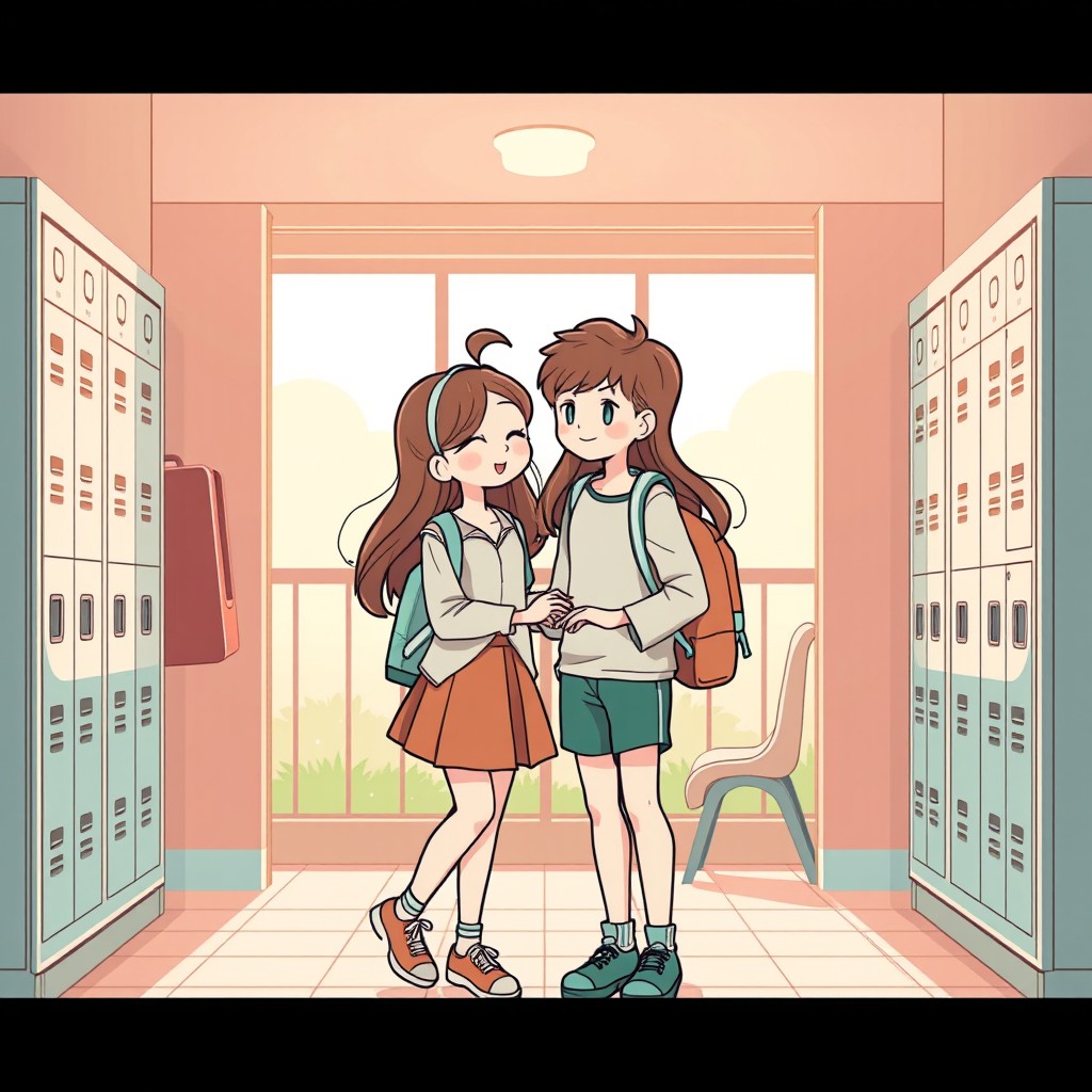 A charming romantic scene set in a school environment, featuring a lovely couple with brown and mint color accents in their clothing