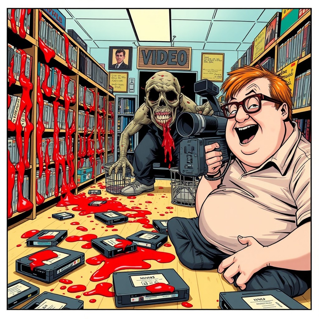 Inside a video rental store showcasing an chaotic scene where VHS tapes are scattered across the floor, splattered with bright red ketchup, a gooey zombie is screaming in distress, and a chubby geek wearing glasses is laughing while filming the bizarre event with a vintage camcorder
