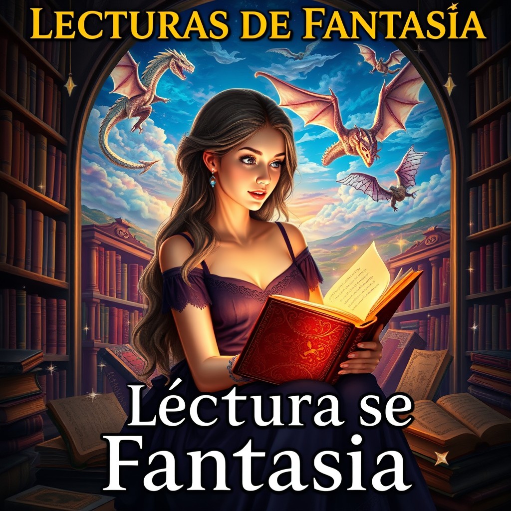 A captivating book cover titled 'Lecturas de Fantasía' featuring a beautiful young woman sitting in a magical library filled with ancient books
