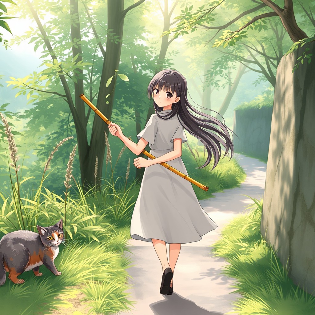 A girl walking away along a narrow, winding path, casually holding a bamboo stick in her hand