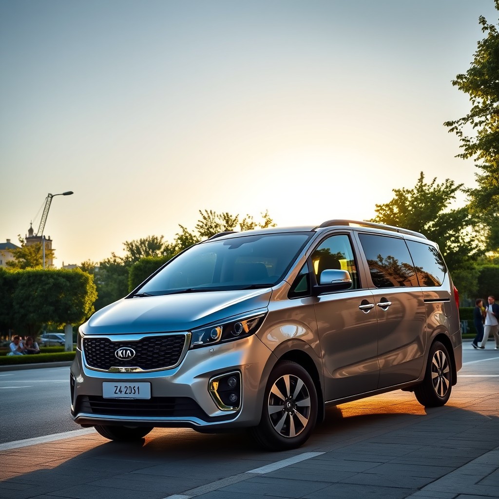 A modern Kia van parked in a picturesque urban environment, showcasing its sleek design and stylish lines