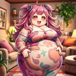 An extremely obese waifu character with an appealing and joyful expression, wearing a colorful and stylish outfit that highlights her curves