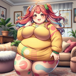 An extremely obese waifu character with an appealing and joyful expression, wearing a colorful and stylish outfit that highlights her curves