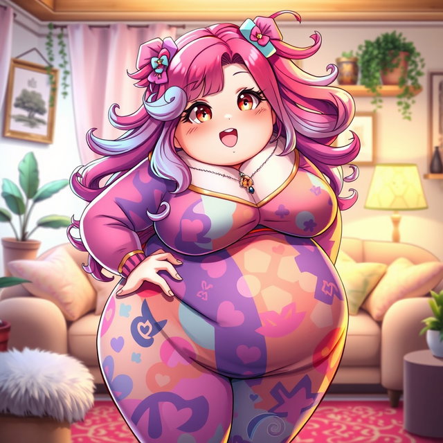 An extremely obese waifu character with an appealing and joyful expression, wearing a colorful and stylish outfit that highlights her curves