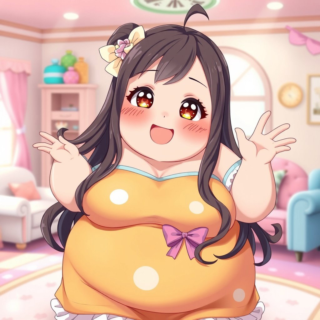 An extremely obese waifu character with a cheerful and cute expression, showcasing her round features and a bright, colorful outfit that celebrates her curves