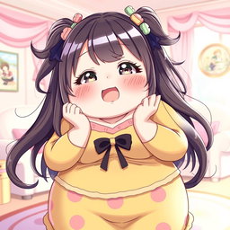 An extremely obese waifu character with a cheerful and cute expression, showcasing her round features and a bright, colorful outfit that celebrates her curves
