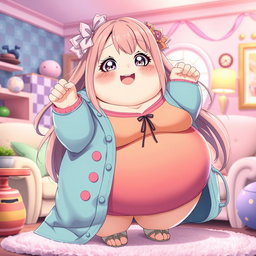 An extremely obese waifu character with a cheerful and cute expression, showcasing her round features and a bright, colorful outfit that celebrates her curves