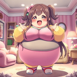 An extremely obese waifu character with a cheerful and cute expression, showcasing her round features and a bright, colorful outfit that celebrates her curves