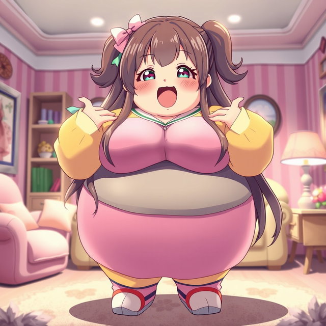 An extremely obese waifu character with a cheerful and cute expression, showcasing her round features and a bright, colorful outfit that celebrates her curves