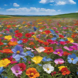 A natural landscape filled with a variety of vibrant, blooming flowers covering the entire field under a bright blue sky.