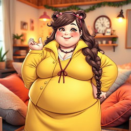 An extremely obese waifu character with a charming smile, dressed in a brightly colored, fashionable outfit that celebrates her figure
