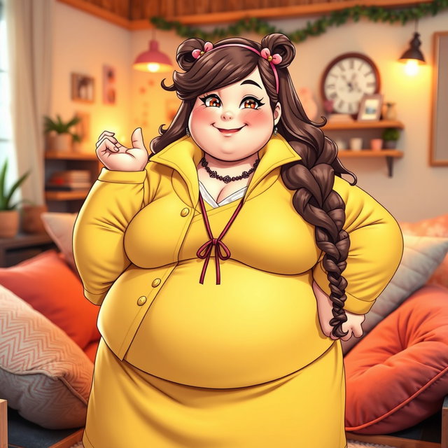 An extremely obese waifu character with a charming smile, dressed in a brightly colored, fashionable outfit that celebrates her figure