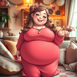 An extremely obese waifu character with a charming smile, dressed in a brightly colored, fashionable outfit that celebrates her figure