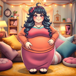 An extremely obese waifu character with a charming smile, dressed in a brightly colored, fashionable outfit that celebrates her figure