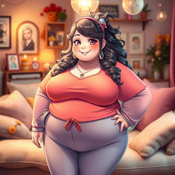 An extremely obese waifu character with a charming smile, dressed in a brightly colored, fashionable outfit that celebrates her figure