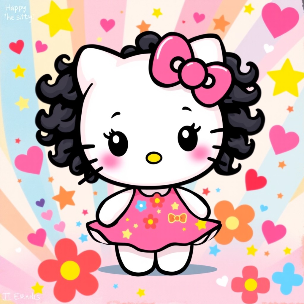 Hello Kitty with curly black hair, wearing a cute dress, set in a colorful, whimsical background filled with playful elements like stars and hearts