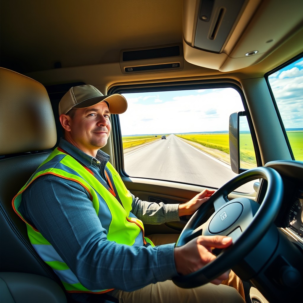 A professional truck driver on a long haul journey, sitting confidently behind the wheel of a modern semi-truck