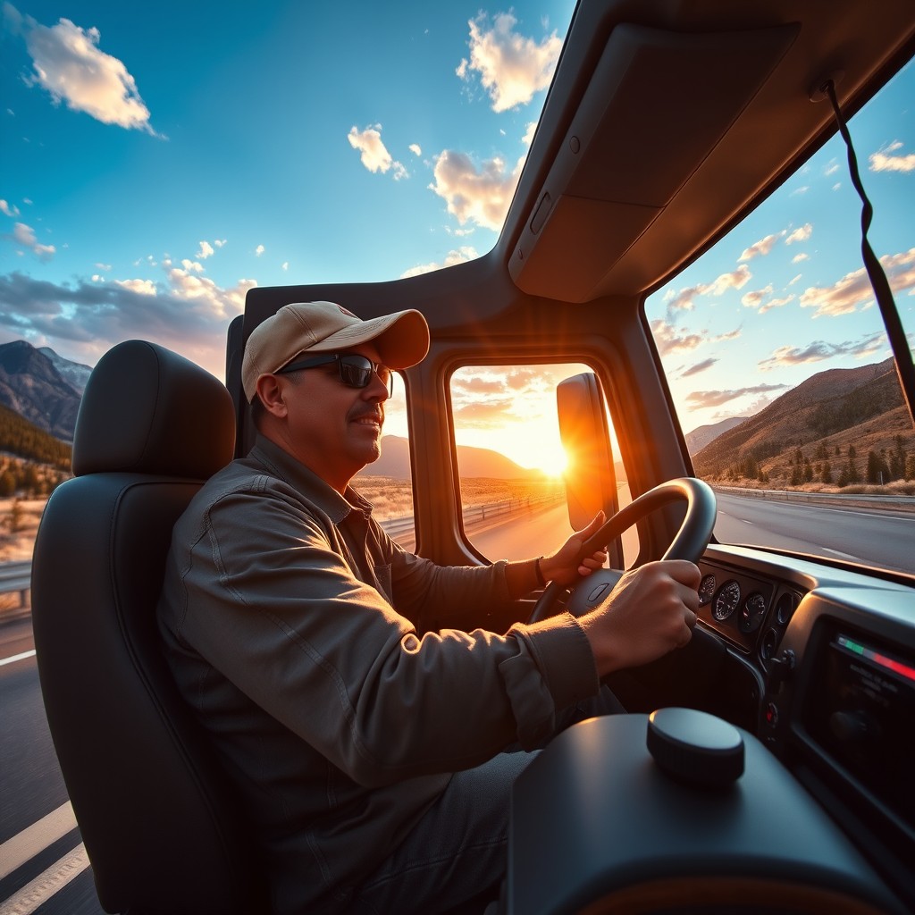 A professional truck driver passionately steering a large, modern semi-truck on a wide, open highway, surrounded by picturesque landscapes of mountains and forests