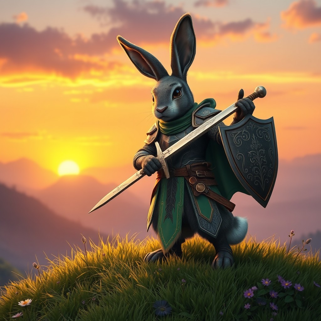 A Harengon Knight, portrayed as a humanoid rabbit clad in ornate armor, stands valorously on a grassy hilltop at sunset