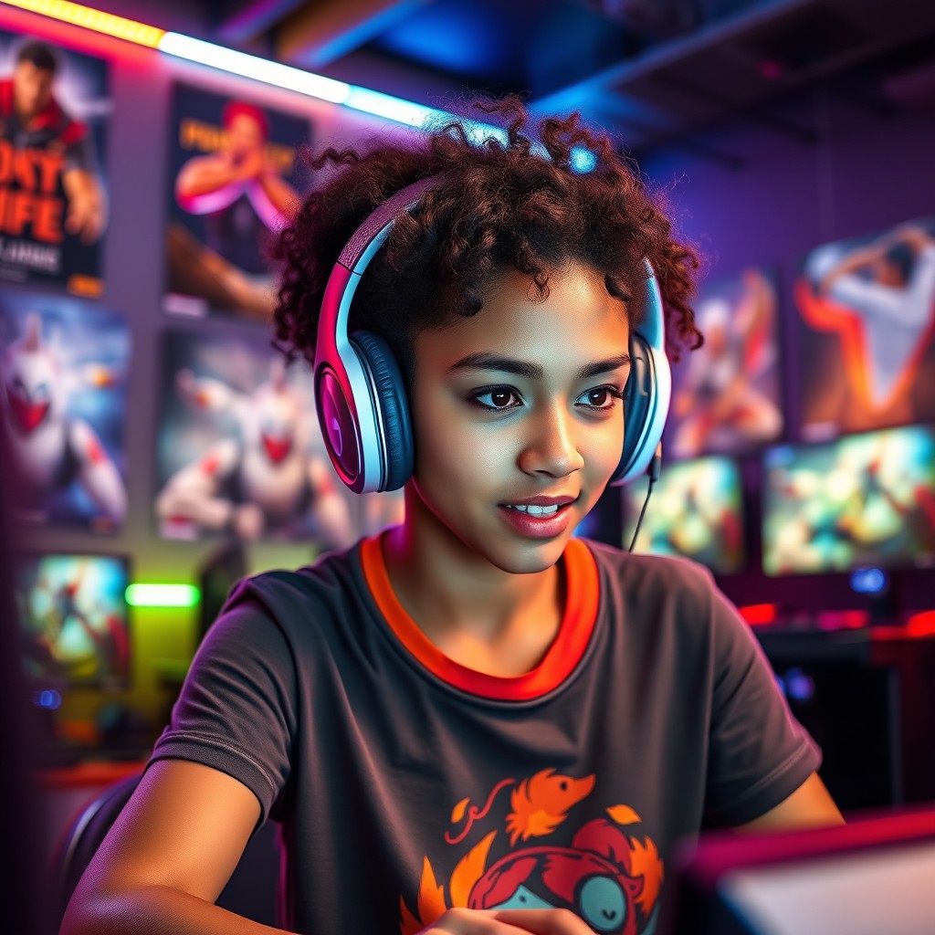 A young woman with curly hair, passionately focused on her gaming setup