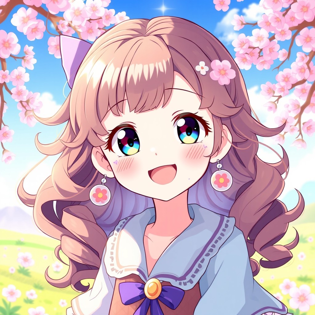 A vibrant illustration of a cheerful anime girl with curly hair cascading around her shoulders