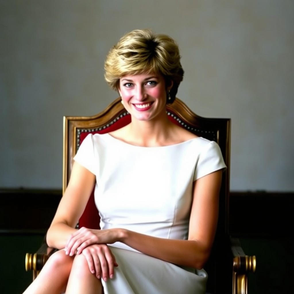 A beautiful portrait of Princess Diana in 1997, featuring her iconic short, voluminous hairstyle
