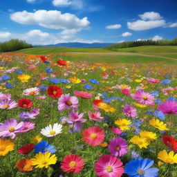 A natural landscape filled with a variety of vibrant, blooming flowers covering the entire field under a bright blue sky.