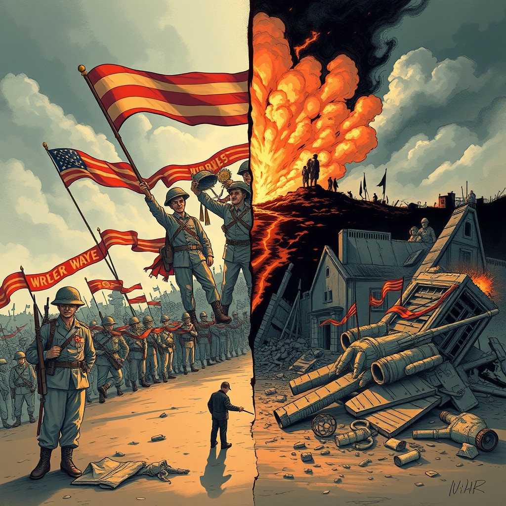 A thought-provoking illustration depicting the duality of war, where on one side, soldiers are celebrated as heroes with triumph and victory banners, while on the other side, the aftermath of war shows destruction and sorrow
