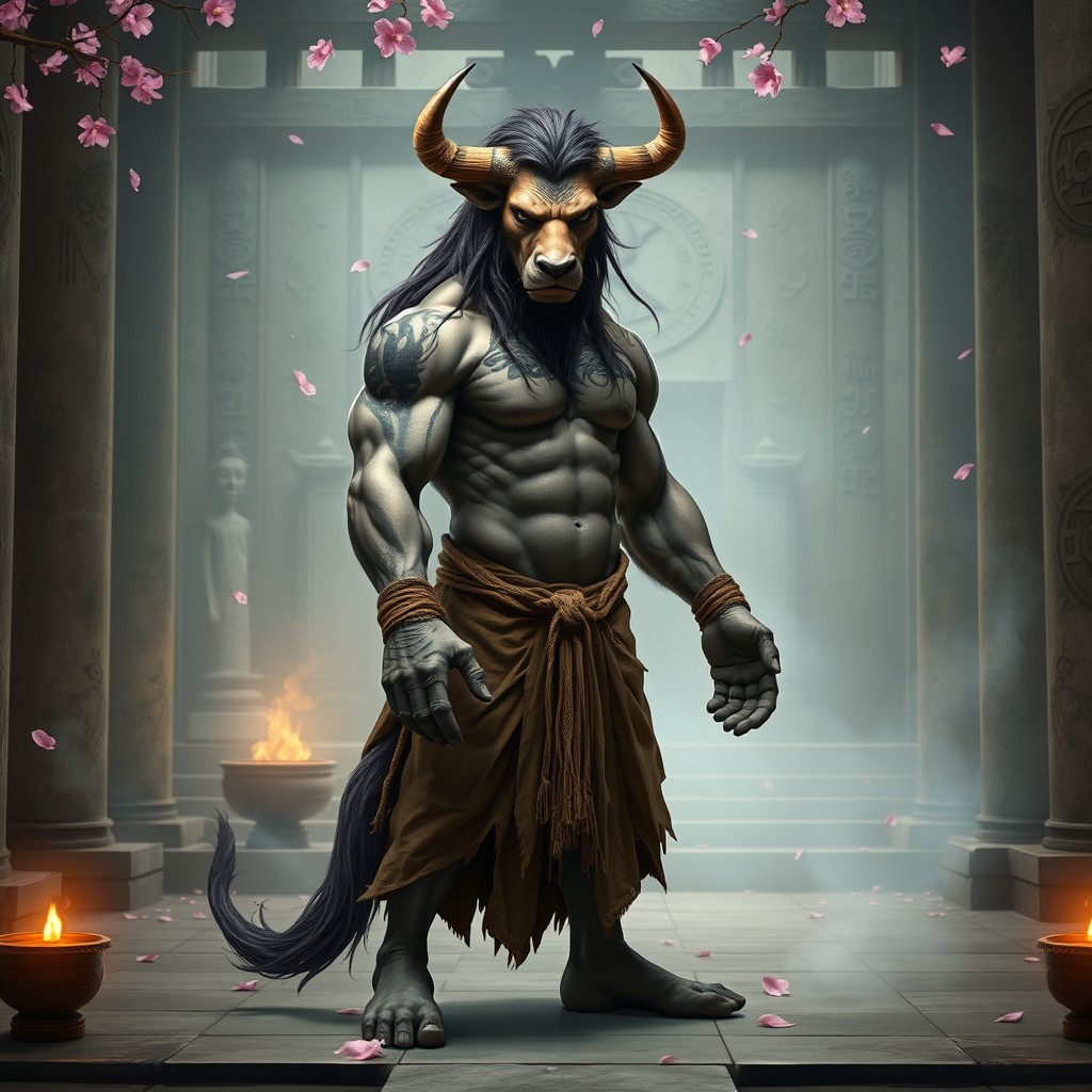 A powerful minotaur monk standing in a serene temple setting, showcasing a muscular physique and intricate tattoos on its fur