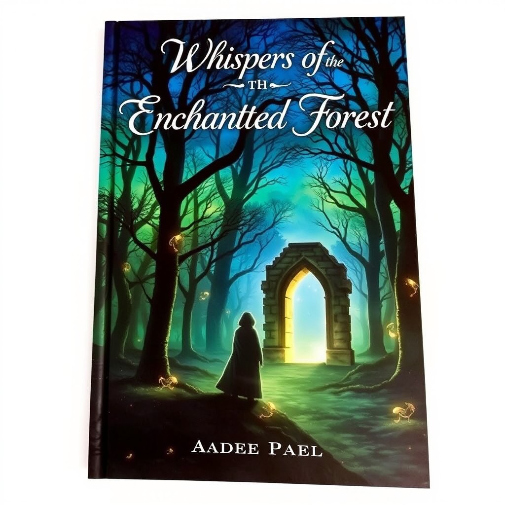 A visually striking book cover featuring a mysterious forest at twilight, with an enchanting glow emanating from the trees