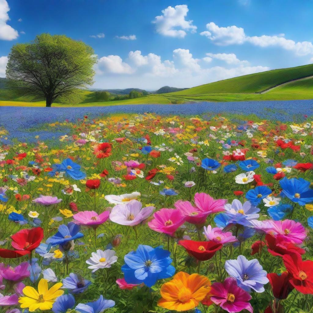 A natural landscape filled with a variety of vibrant, blooming flowers covering the entire field under a bright blue sky.