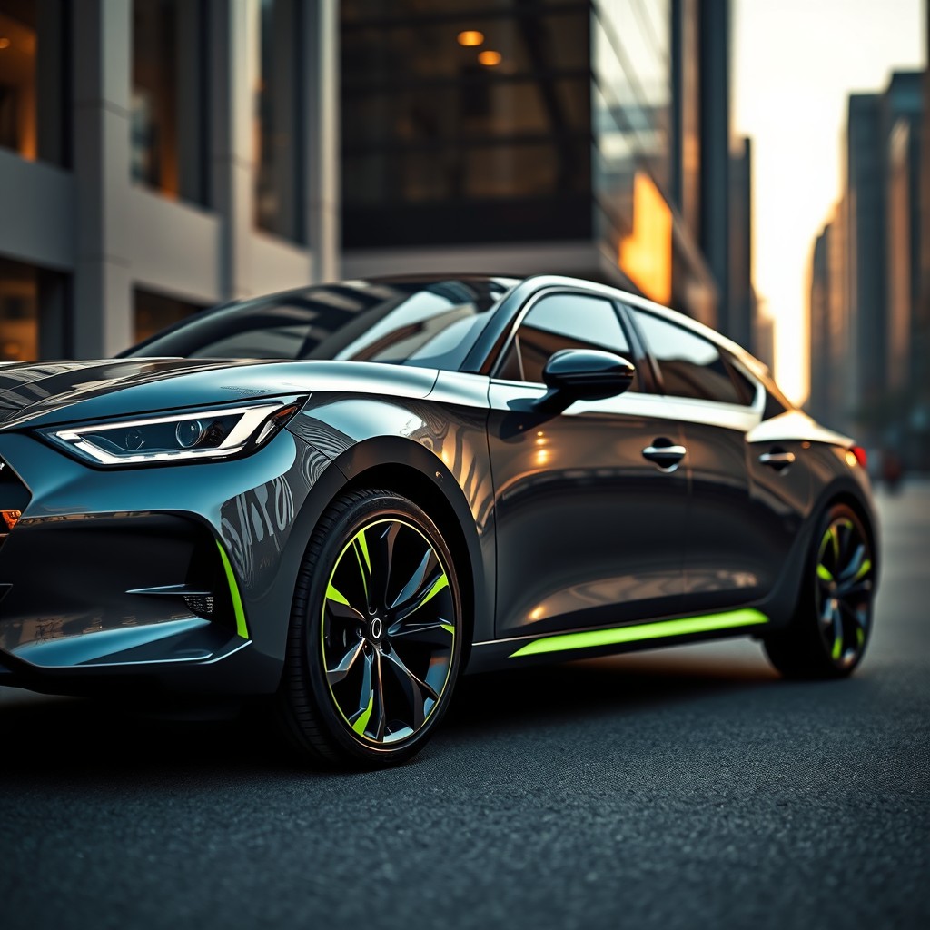 A sleek DS5 car in a shark grey color, featuring vibrant lime green accents on the clamping areas and dark grey wheels