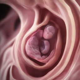 A detailed and medically precise visualization of a healthy fetus growing during the second trimester of pregnancy, encapsulated in a womb.