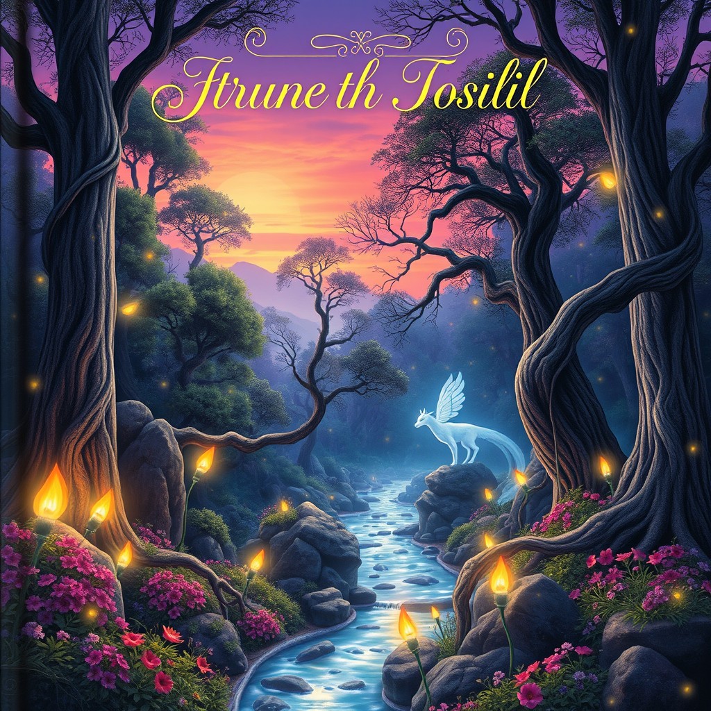 A visually stunning book cover that captures the essence of a captivating title, featuring a mystical forest scene with ethereal glowing lights intertwined among ancient trees