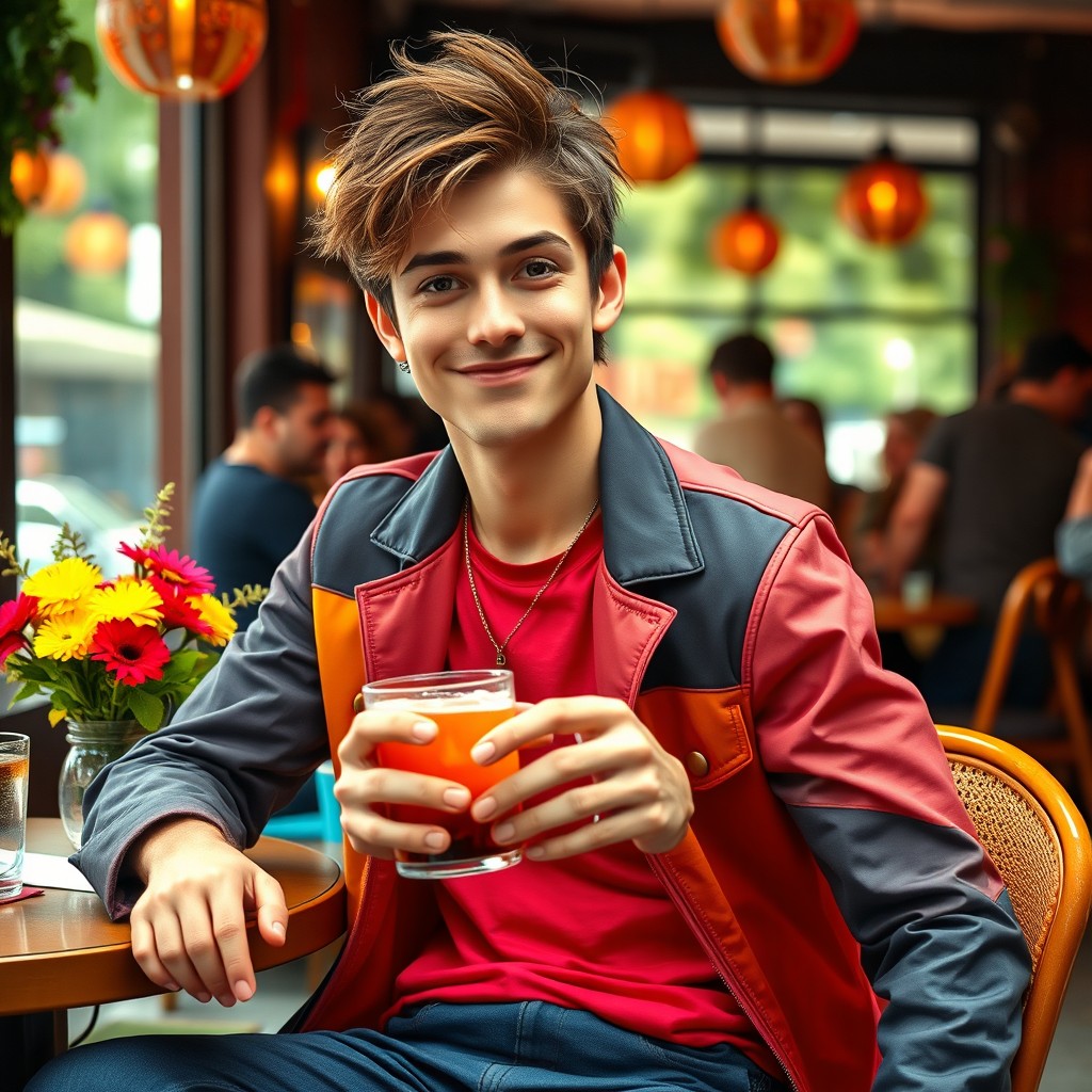 A charming, mischievous young man with a playful expression, dressed in a stylish, modern casual outfit that combines vibrant colors, sitting at a café table with a drink in his hand