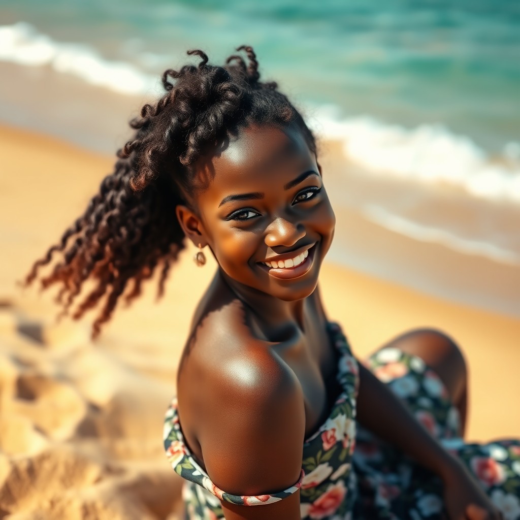 A beautiful ebony girl with stunning features and a radiant smile, wearing an elegant floral dress