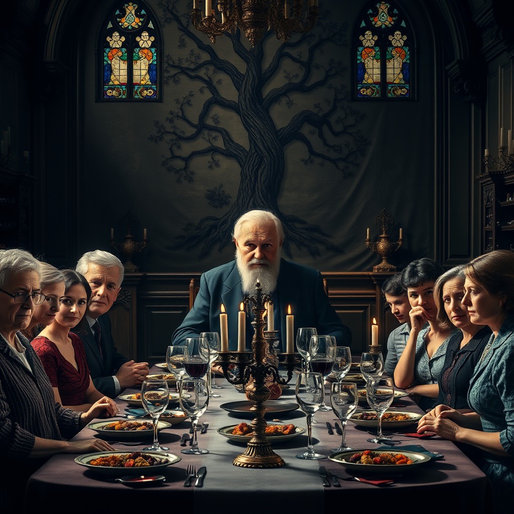 A dramatic and intense scene showcasing a family reunion in an ancient, ornate mansion