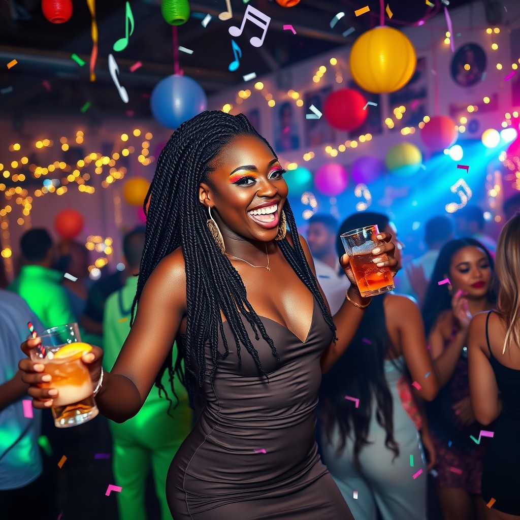 An exuberant ebony woman enjoying a lively party atmosphere, surrounded by colorful decorations, twinkling fairy lights, and a vibrant crowd of friends