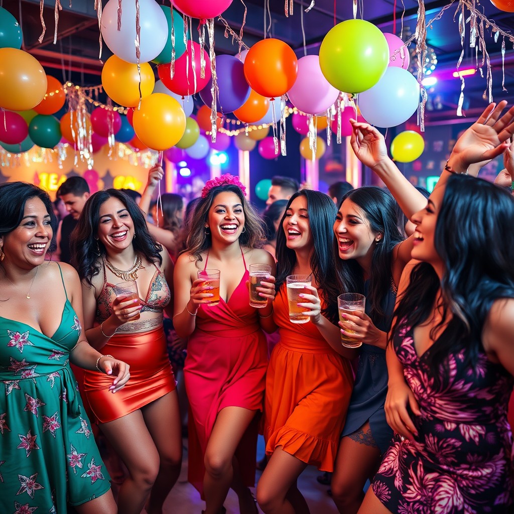 A vibrant scene of lively Latina women dancing and celebrating at a colorful party