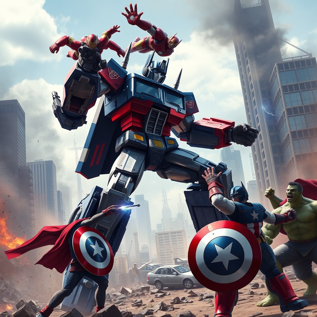 A dramatic scene depicting Optimus Prime, the iconic blue and red Transformer leader, engaging in an epic battle against the Avengers, a group of superheroes including Iron Man, Thor, Captain America, and the Hulk
