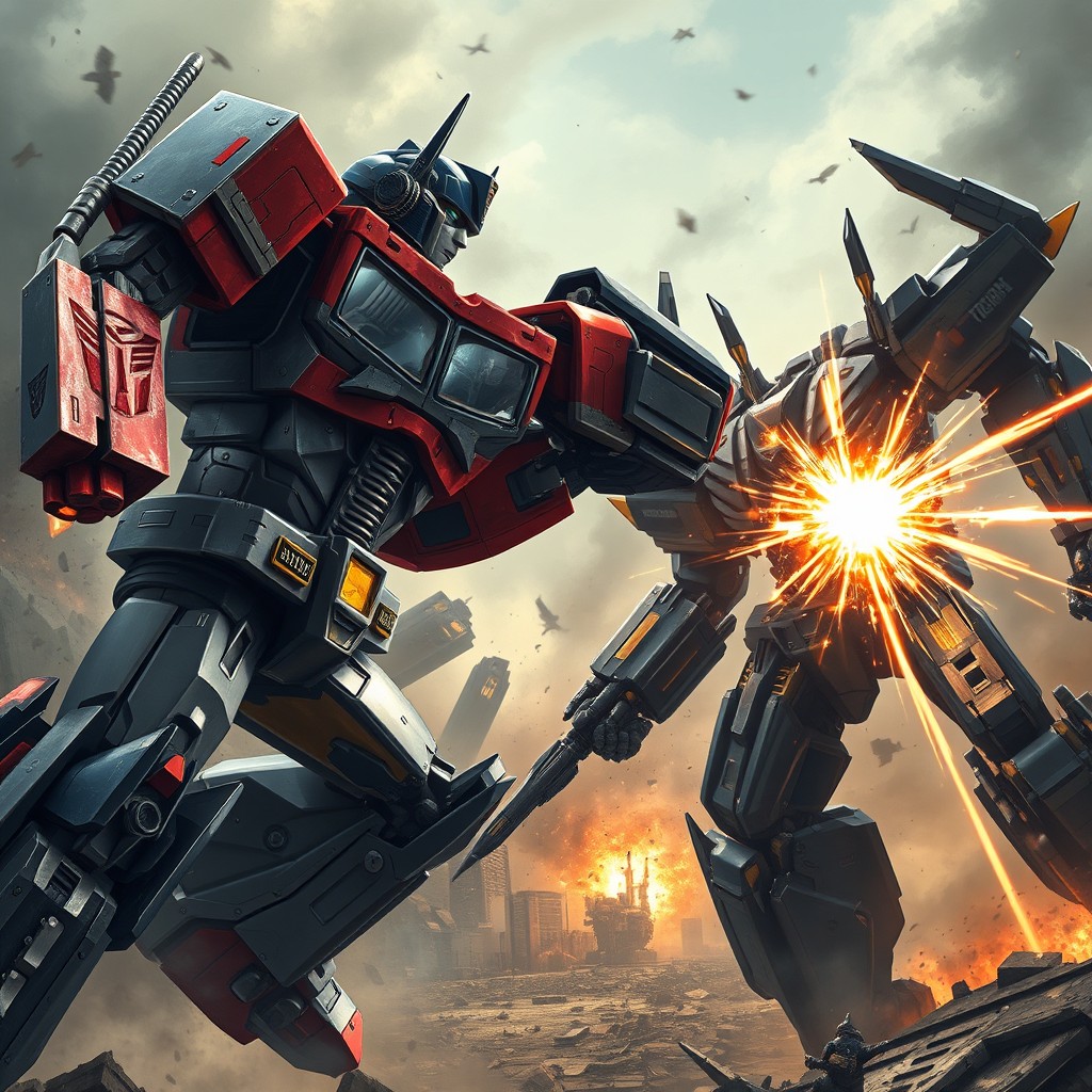 An intense showdown between Optimus Prime and Megatron in a dystopian landscape, showcasing Optimus Prime without his right arm, wielding his ion blaster with determination